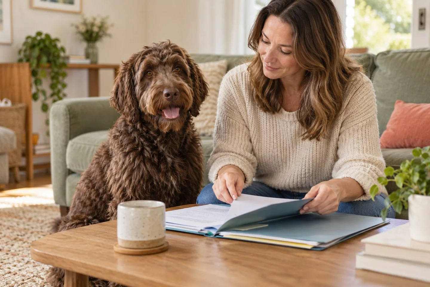 Woman reviewing a folder beside a brown curly-coated dog